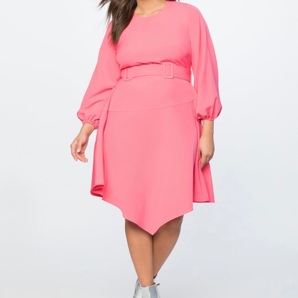 Eloquii 60’s Barbiecore Handkerchief Puff Sleeve Belted Dress